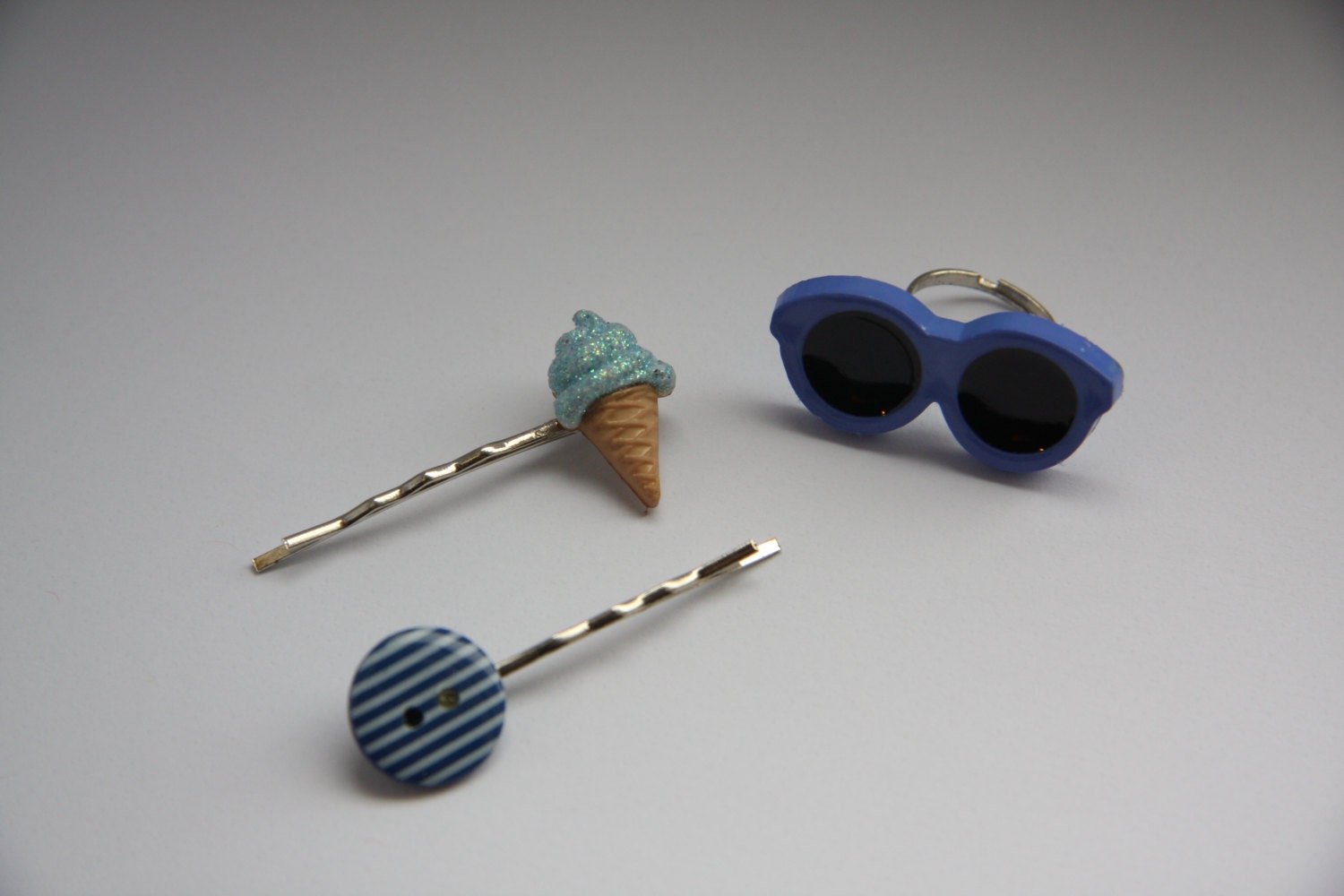 Blue Summer Accessories Set. -Sparkly Ice-Cream and Striped Navy Button Hair Grips/Bobby Pins, and Sunglasses Adjustable Ring.