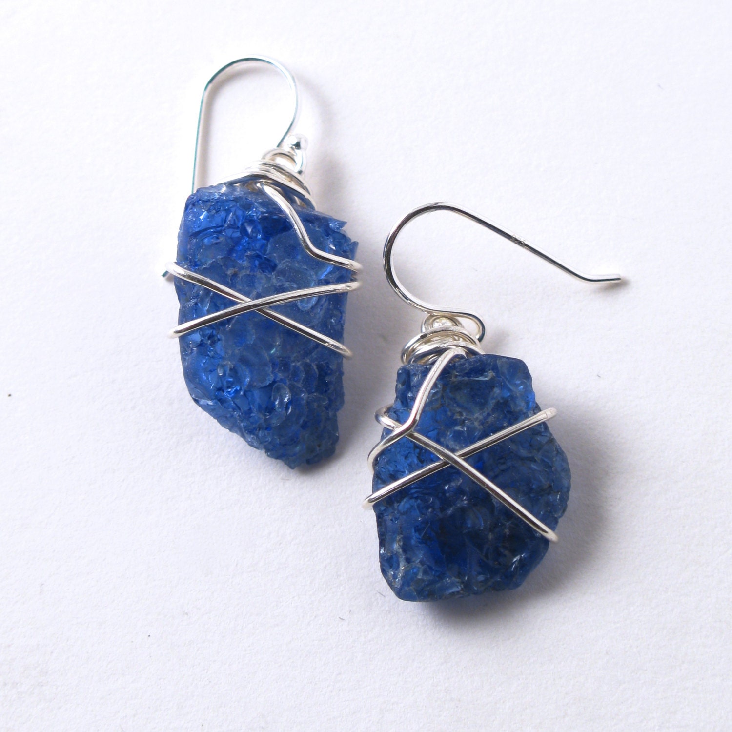 Heat Shattered Cobalt Blue Sea Glass Earrings Wrapped with Sterling Silver Wire on Sterling Silver Ear Wires