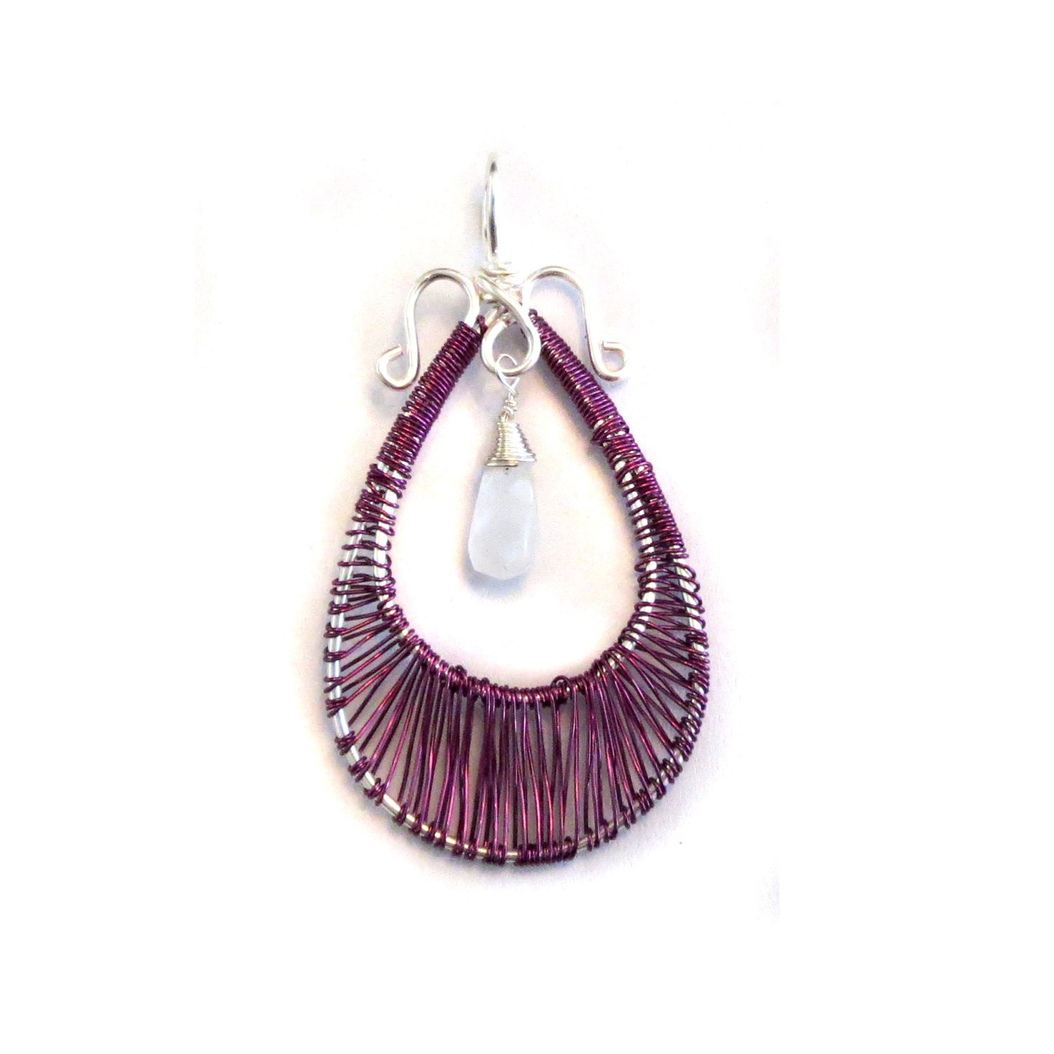 Woven Wire Pendant - Silver and Purple with Wire Wrapped Moonstone