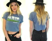 Vtg 80s/ 90s DURANGO Colorado Blue/ Gray Cropped Womens t shirt