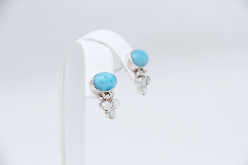 Larimar and Mother of Pearl Earrings  - Women Post Earrings - High Polished Larimar