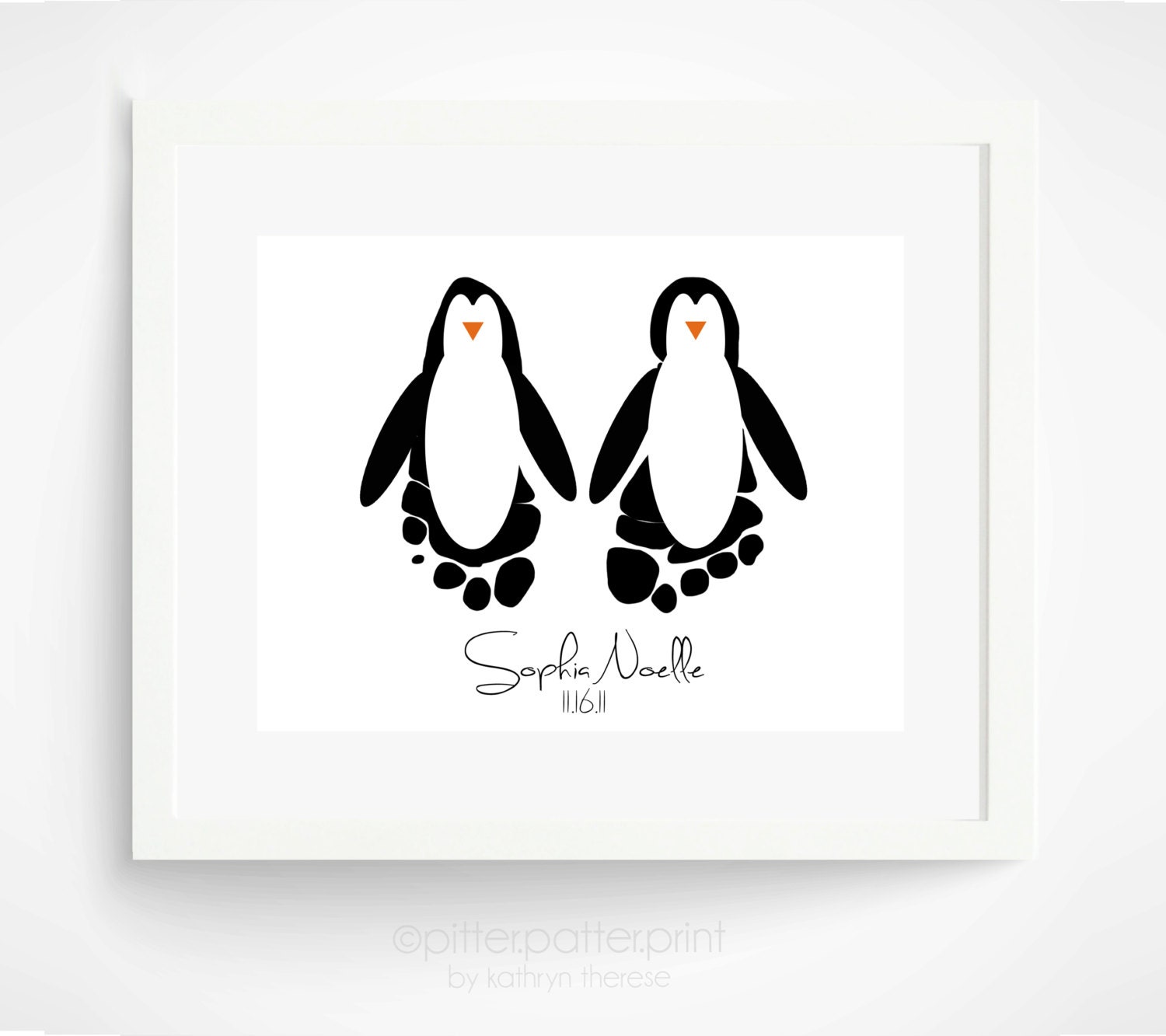 Baby Wall Art - Baby Footprint Penguins - Black & White Baby Nursery Decor Art Print - Sea Animal Nursery - Personalized Nursery Art