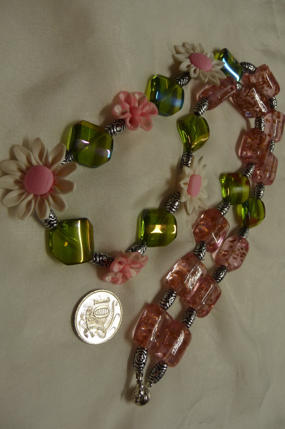 Dainty Daisies Fimo and Glass Necklace Fimo Polymer Clay Daisy Flowers with Pink and Green Glass Beads and Silver Feature Beads Unique