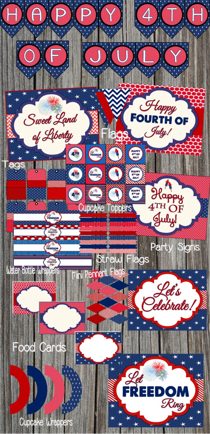 4th of July Party Decor Package, Set of party printables, patriotic party, includes cupcake toppers, banners, signs and much more