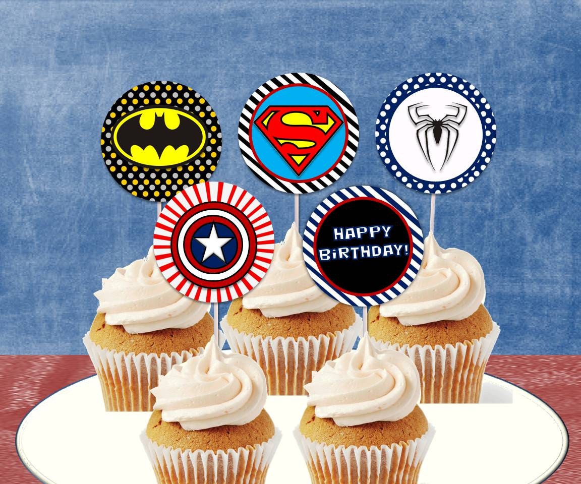 INSTANT DOWNLOAD Superhero Cupcake Toppers, Favor Tags, or Decor, printable DIY, Superman, Spiderman, Batman,  Avenger Birthday Party