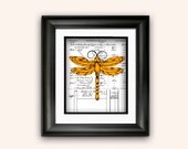 Whimsical art print  Dragonfly art Cute insect print Modern art print Childs bedroom decor Golden yellow bug Gift for kids room Nature art