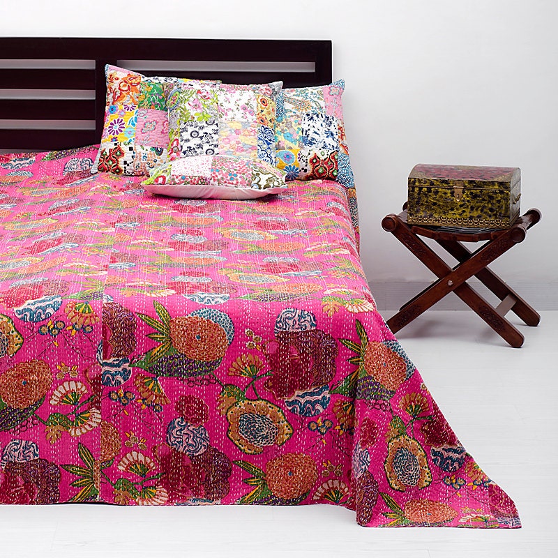 Twin Size Pink Floral bedspread Bedding, Cotton, Blanket Throw, Kantha Bedspread, Kantha Quilt, Bed Throw, Indian Bedspread Bedcover