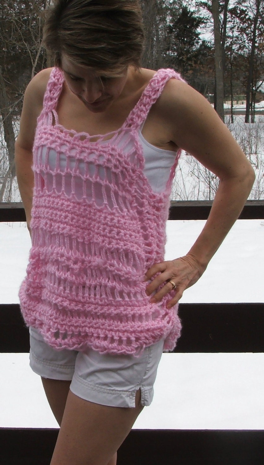 Crochet Top. Tank Top. Medium. Large. Swimsuit cover. Pink
