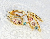 Vintage TRIPLE Hoop Earrings, Pastel Rhinestones / Glass Crystals, Gold Tone, Pierced, 1970s Spring High Fashion Jewelry