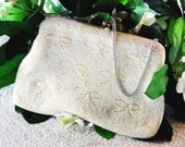 Vintage White Clutch Purse, Beaded Handbag, Atlas Glass Bow Bag, Seed Pearls, Designer SIMON Japan, 1950s 1960s Mad Men Accessory