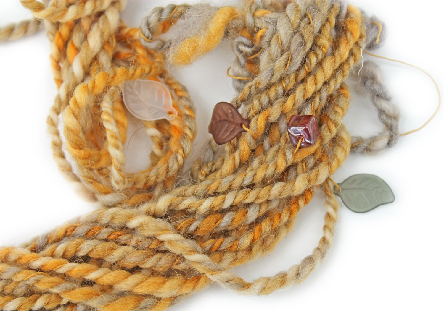 3 ply Handspun Beaded Art Yarn - Hand Painted Falkland Wool Fiber, Cotton thread, Beads - Whispering Leaves - Gold, Grey