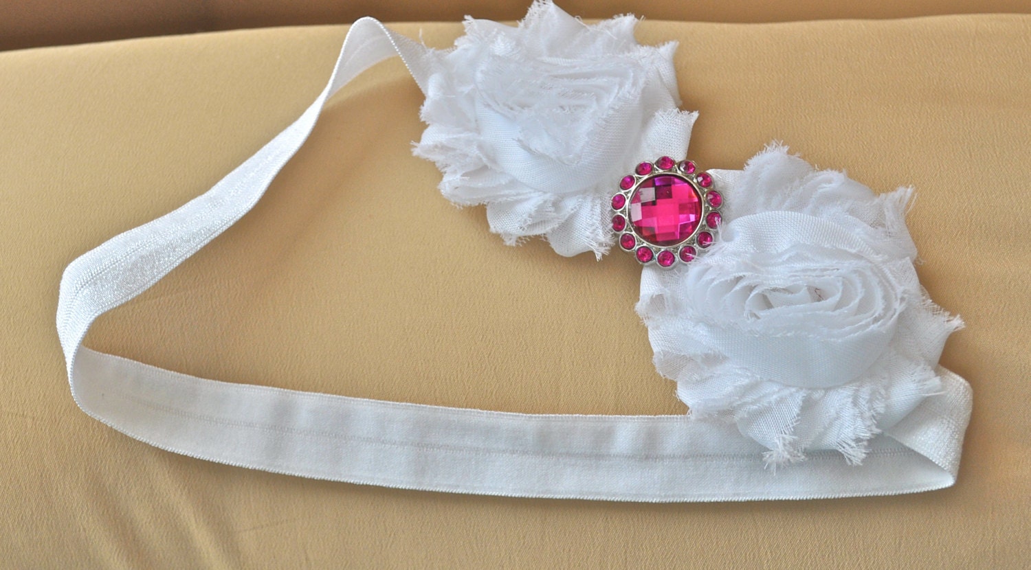 Shabby Chic Flower Baby Headband White Chiffon Flower Hot Pink Jewel Center-Newborn, Infant, Toddler, Girl, Adult, Valentine's Day Headband