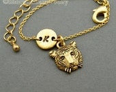 Tiger face charm bracelet, tiger head, initial hand stamped, personalized, gold plated antique pewter, friendship bracelet, mothers bracelet