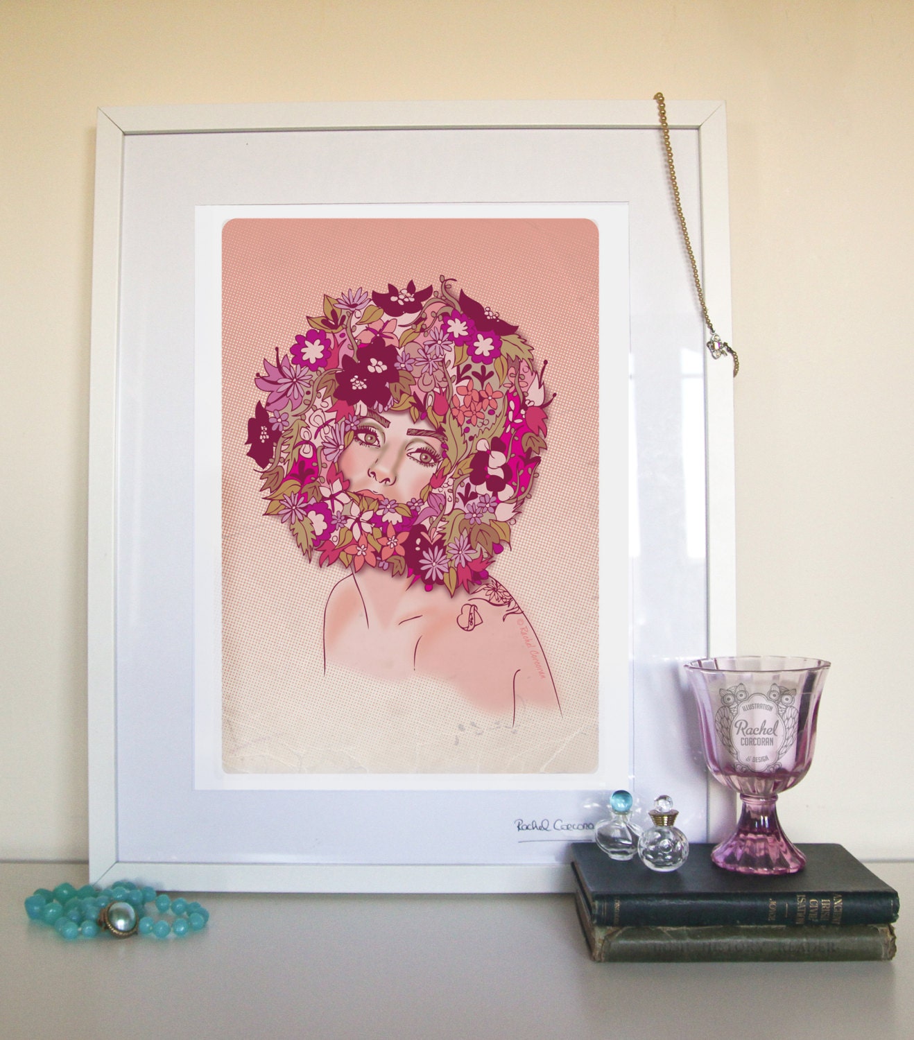 LADY GAGA Portrait Poster - Fashion Illustration - Digital Print - Flower Crown - Floral Headpiece Illustration - Pink - Peach - Red