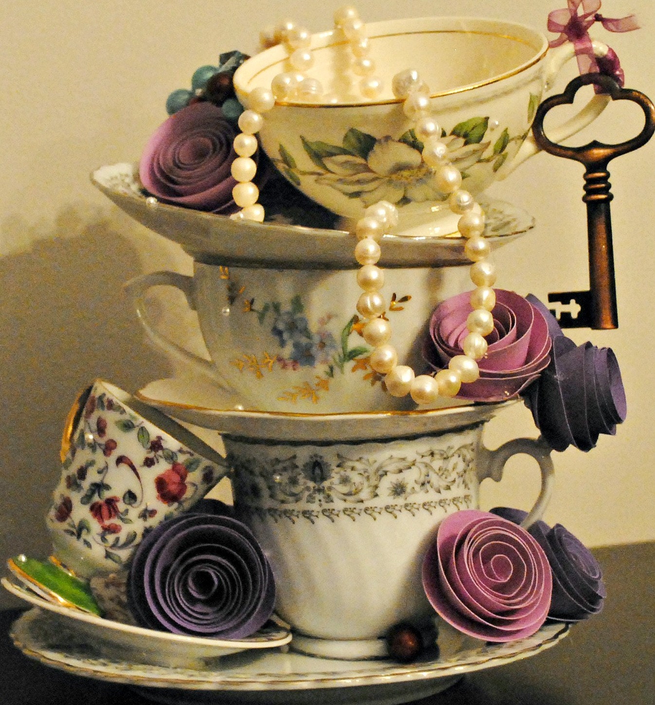 Stackable Teacups & Teapot Centerpiece (3 tea cups high) - Alice in Wonderland/Mad Hatter Tea Party/UnBirthday