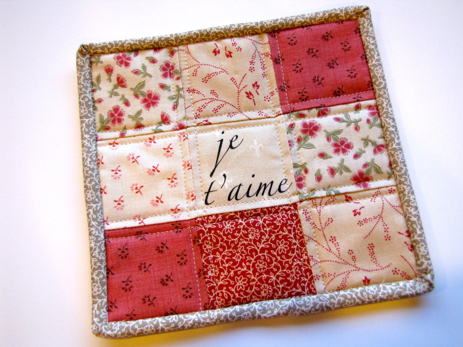 je t'aime, fabric coaster, mug mat, quilted mug rug