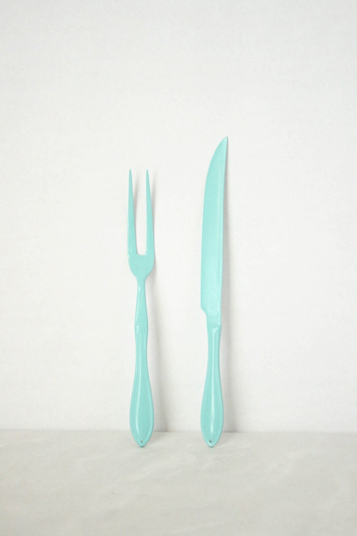Turquoise Blue Serving Fork and Knife (Set of 2) - Large Cutlery, Hostess Gift, Serving Utensils
