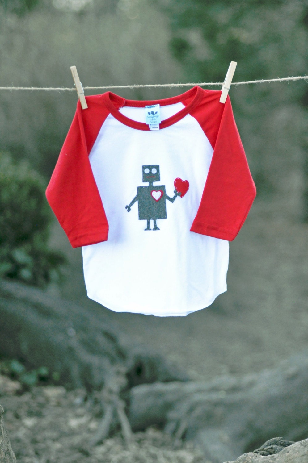 Baby Love Robot T-shirt - Red and White Raglan American Apparel 100% Cotton Shirt- Felt Appliqué - Boy or Girl