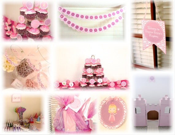 Pink Princess Birthday Party Printable Decoration Pack Personalized, Custom in PDF Format, Pink and Purple Il_570xn
