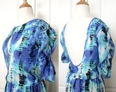 Blue Mix Color Abstract Straight Cut Front Backless Short Sleeves Formal Dress