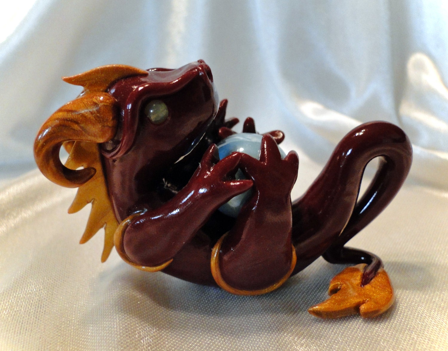 Playful Little Dragon with Marble - Handmade Polymer Clay Figure Sculpture