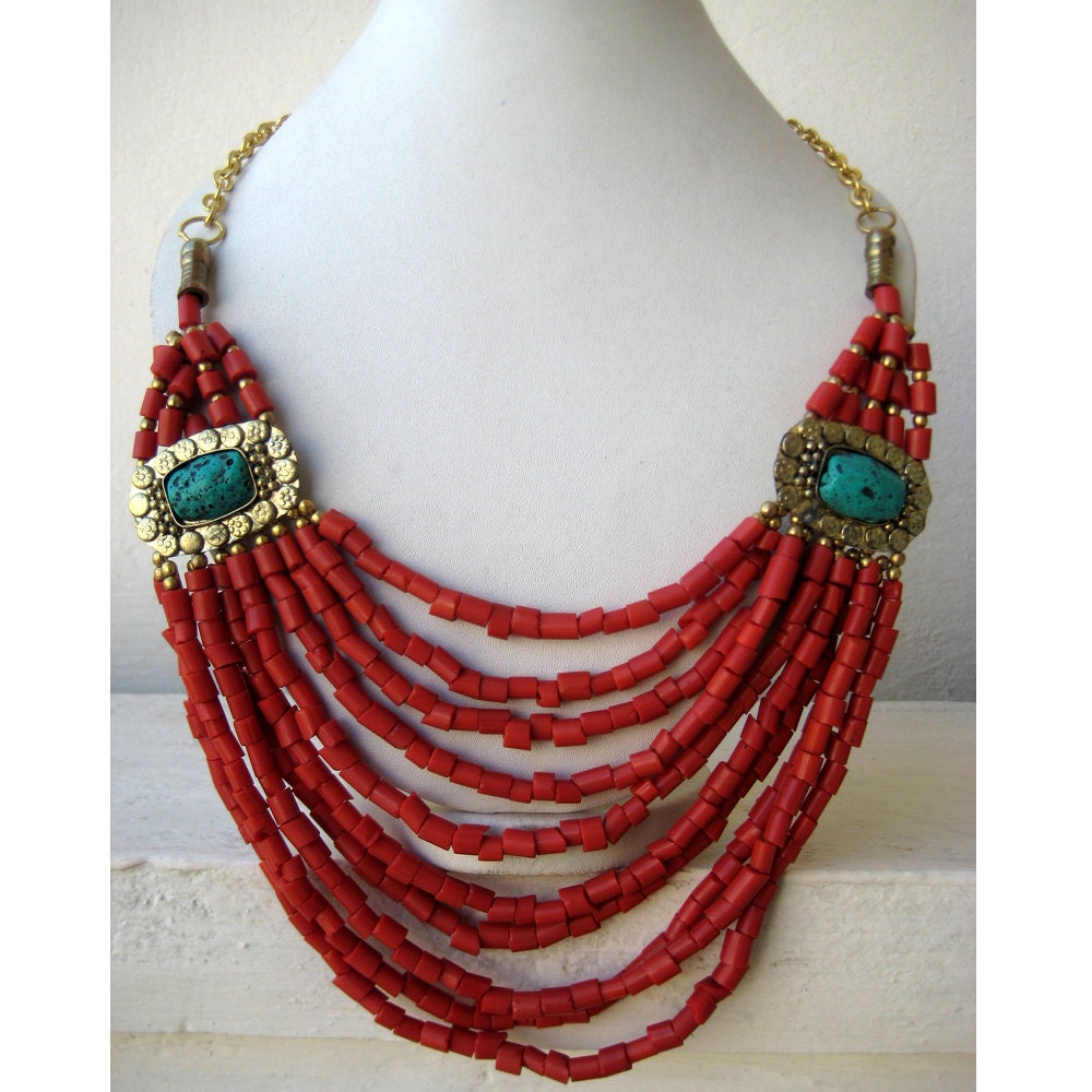 Set of 4: Bridesmaid Gifts/Turquoise and Coral Statement Necklace/Bib Necklace/Beaded Necklace/Bridesmaid Necklace/Bridesmaid Jewelry