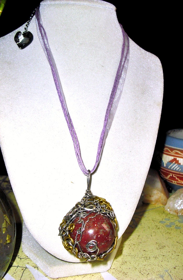 Mookaite Jasper Gemstone Necklace original wire wrapped on organza Fabric with lobster Clasps and Shell - reiki infused