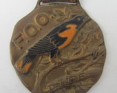 Antique enamel bird pocket watch fob "F.O.O. Life" Mother of pearl mop leather strap victorian e7