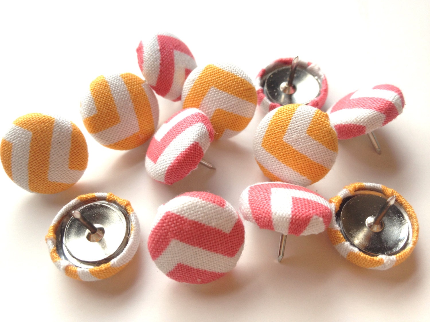 Fabric Button Push Pins - Set of 12, Pink Chevron, Orange Chevron Fabric, Thumb Tacks, Button Push Pins, Home Decor, Office Organization