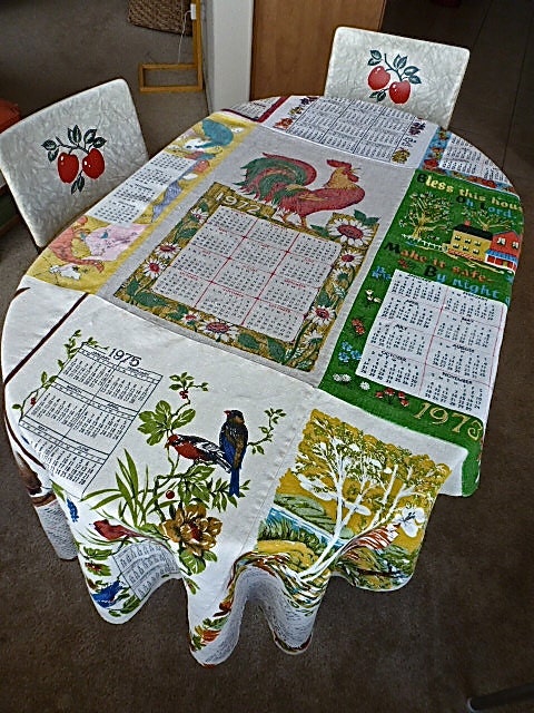 Fun Tablecloth made from Nine Vintage Calendar Dish Towels Dated 1968-1976