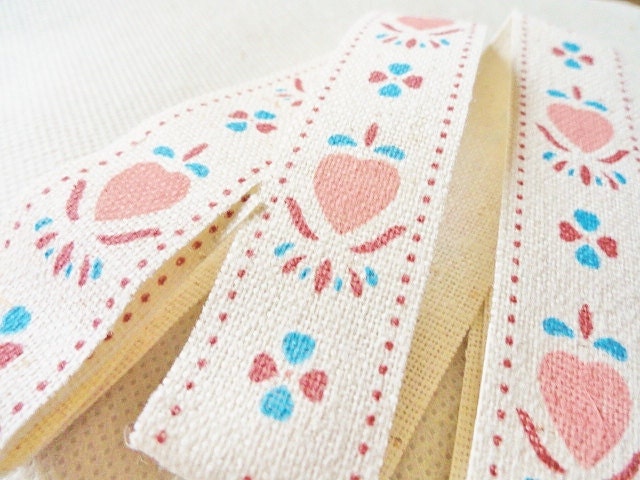 Vintage Pink Heart Canvas Ribbon Trim, Country Cottage Crafts Embellishment
