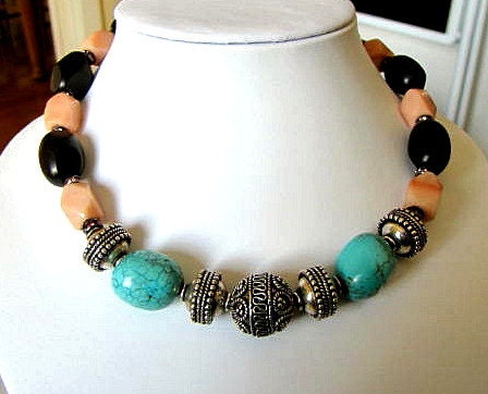 17 inch candy jade, turquoise, wood and bali beads necklace