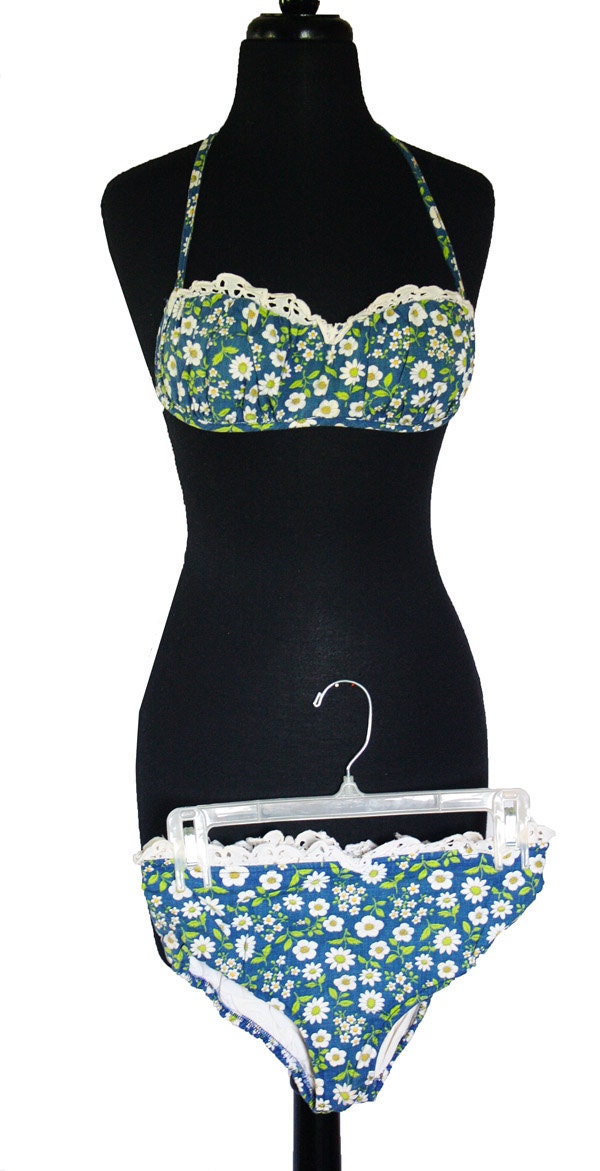 Vintage 1960s 70s Floral Daisy and Blue with White Lace 2 Piece Bikini "Beach Party"- 2 Piece Swimsuit