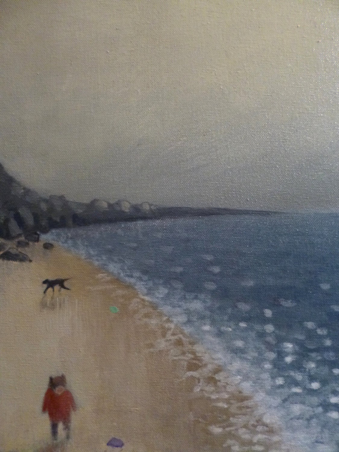 Child and Dog on the Beach - original painting on canvas