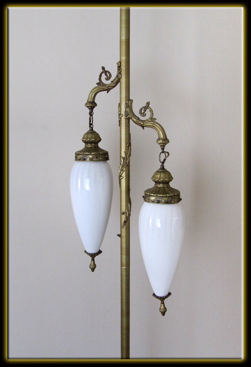 60s Mid Century Modern Elegant 2 Light Pole Lamp - Gold w White Opalescent Glass Shades