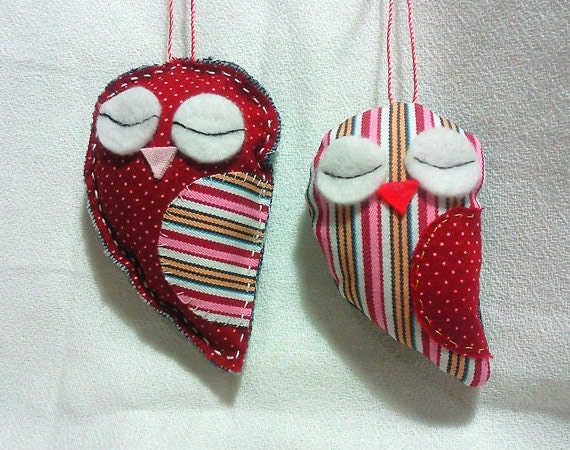 Handmade owls plushie with heart,set of 2  100% recycled fabric eco friendly