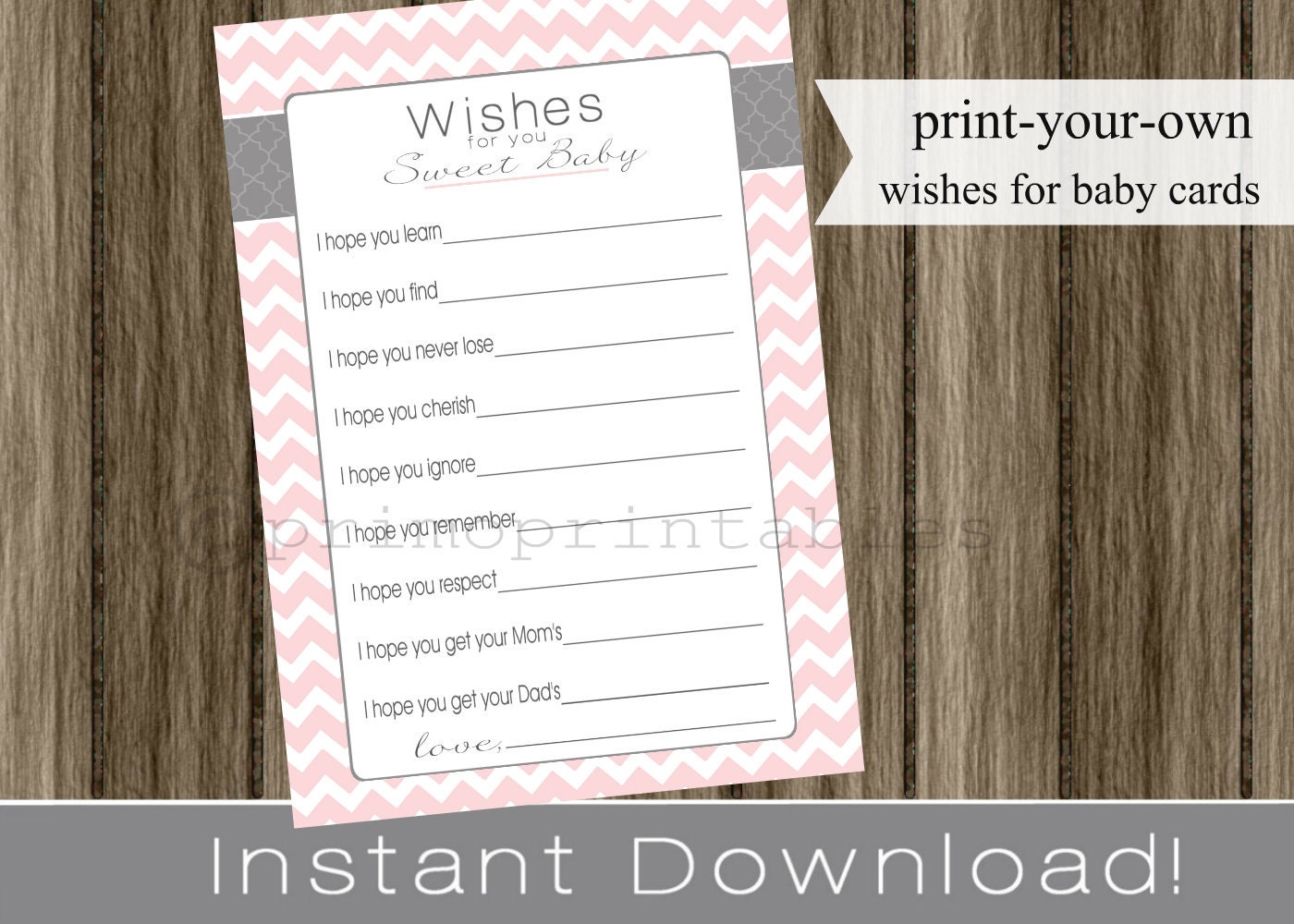 Baby Shower Wishes for Baby girl pink chevron and gray INSTANT DOWNLOAD diy digital printable file print your own Il_170x135