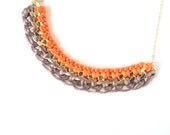 merryme Chunky Chain Necklace Braided with Neon Orange Cord  Bib Necklace