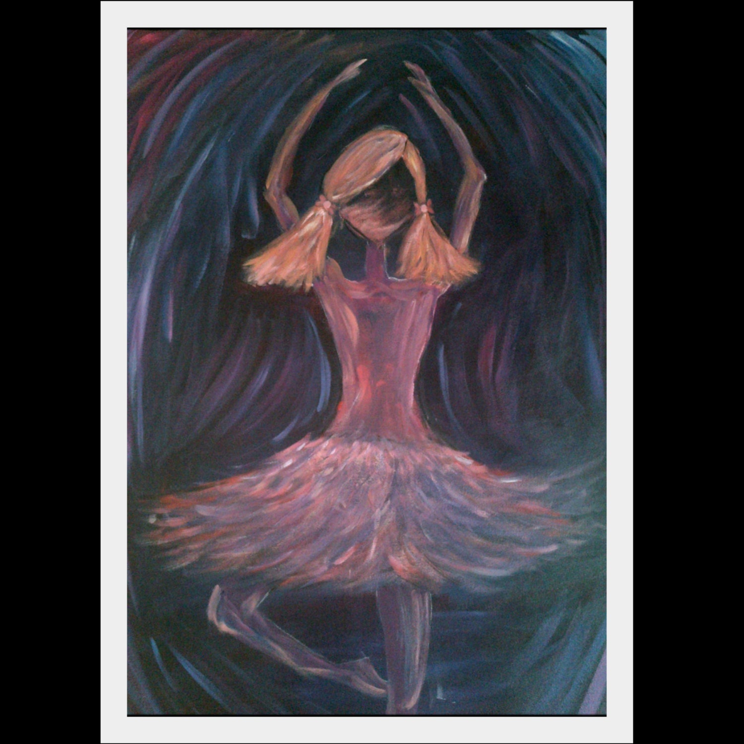 Original Acrylic Painting on Canvas, 36x24" Ballerina Dancing pink purple girl flowy feathers tutu