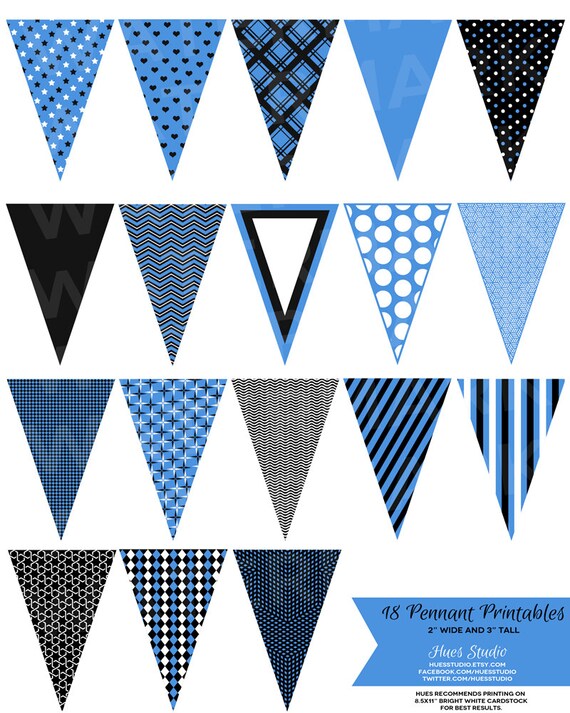 18 Blue Black and White Pennant Banners : Decor / Cake Toppers / Instant Download - Hues Studio Il_570xn