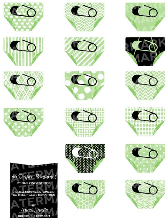 16 GREEN Black and White DIAPER Printables : Decor / Cake Toppers / Instant Download - Hues Studio Il_570xn