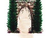 Archway Watercolor Painting Print Giclee Fine Art Archival Original Path Pine Evergreen Trees Ruins Green Flower Nature Bird Crow Green