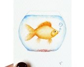 Goldfish ACEO Giclee Print Fine Art Archival Original Fish Bowl Watercolor Painting Yellow Cute Water Retro 2 1/2 x 3 1/2 Aquatic