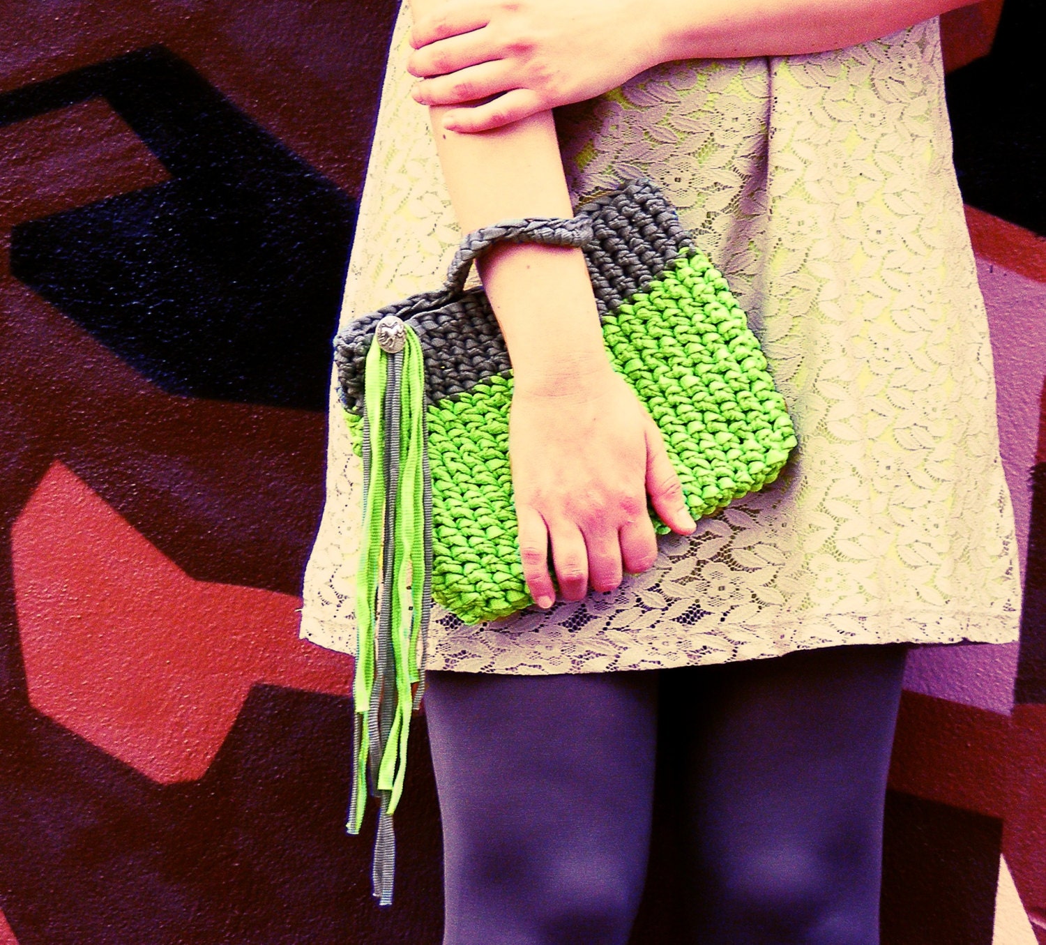 Neon Green Crochet Clutch Purse Fringes Geometric Pochette Bag
