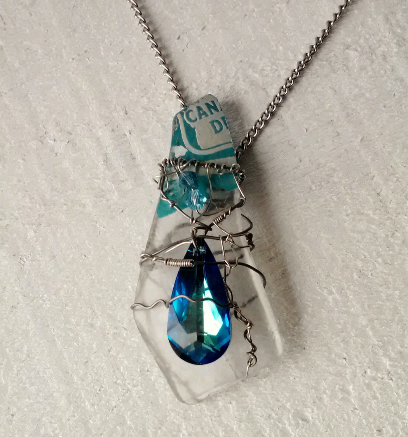 Vintage Canada Dry Wire Wrapped Pendant Necklace, Retro Tumbled Glass, Swarovski Blue Crystal, Wire Wrapped Jewelry