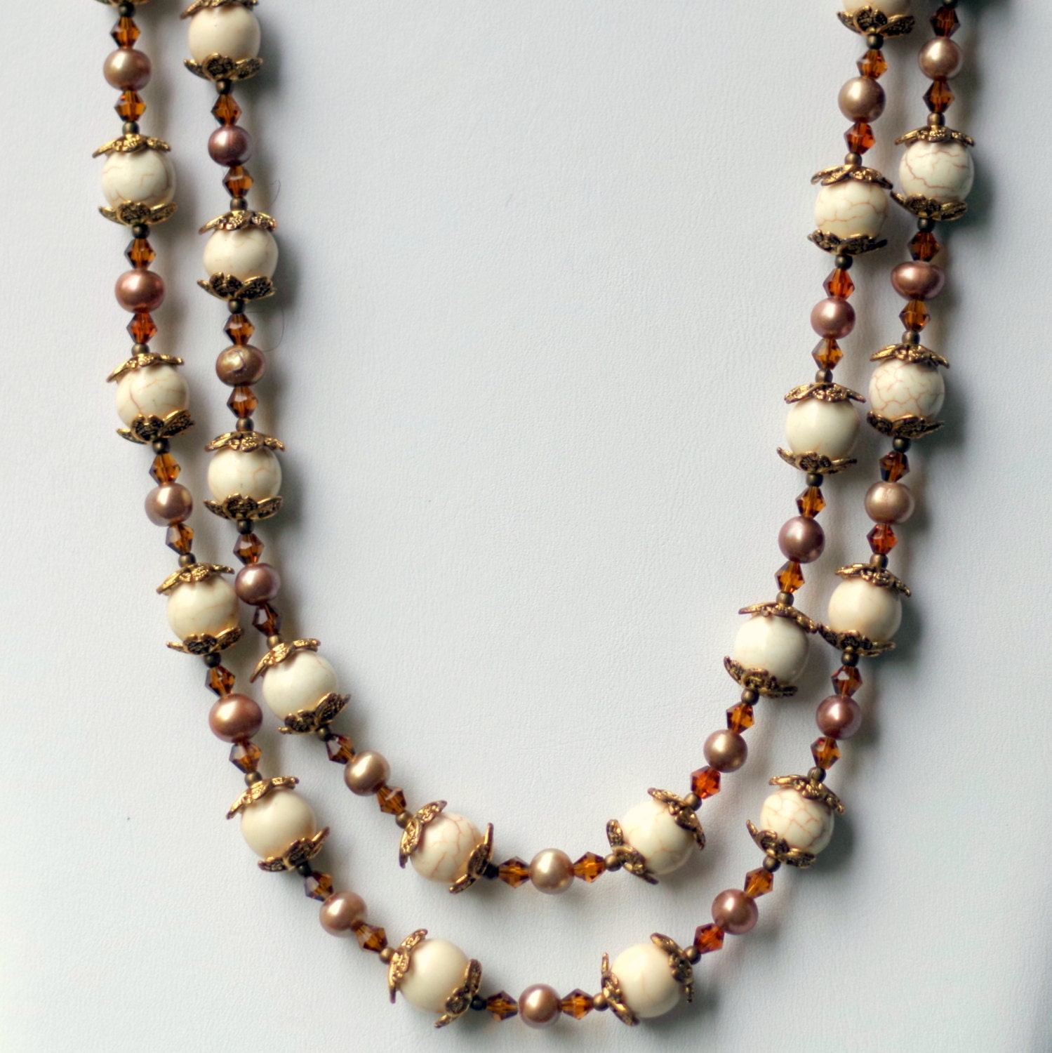 Extra Long Wrap Necklace/ Natural Stone Necklace/ Semiprecious White Cream Gold Necklace/ Howlite Pearls/ Double Strand/ OOAK