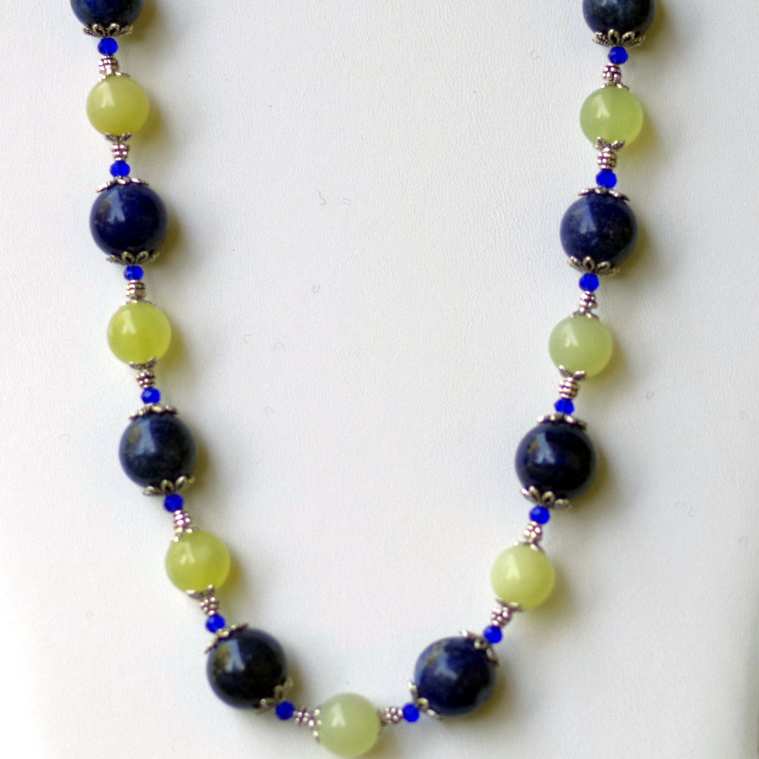 Short Chunky Navy Blue Pastel Green Statement Necklace/ Natural Semiprecious Lapis Lazuli New Jade Stone Beads Necklace/ OOAK Unique