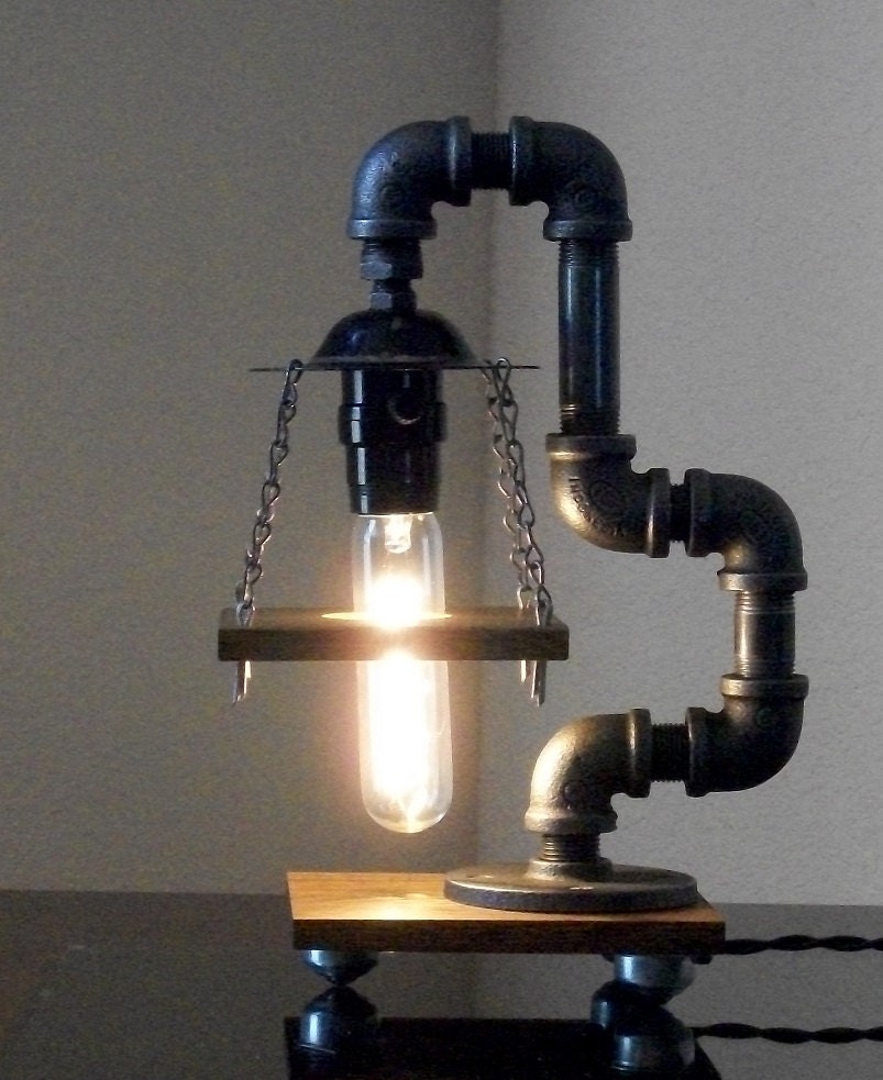 Industrial Art Black Pipe Table Desk Lamp with Reclaimed Hardwood