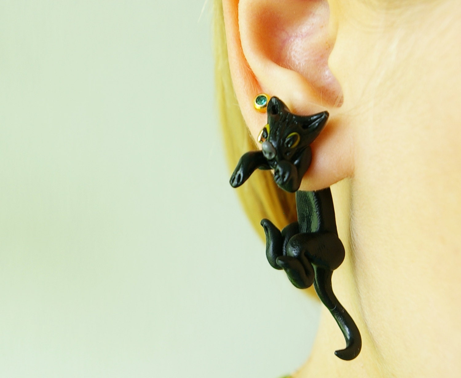 super new design fake gauge plug two part earrings black cat, Polymerclay, handmade