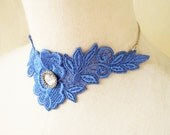 blue lace choker bib necklace floral plant flower beaded crysta victorian handcrafted Fabric jewelry woman wedding party crystal charm